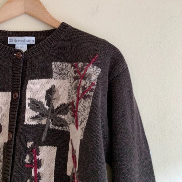 VTG Dress Barn Brown Cardigan Sweater Embroidered Floral Crewneck Grandpa Size L - Picture 3 of 12